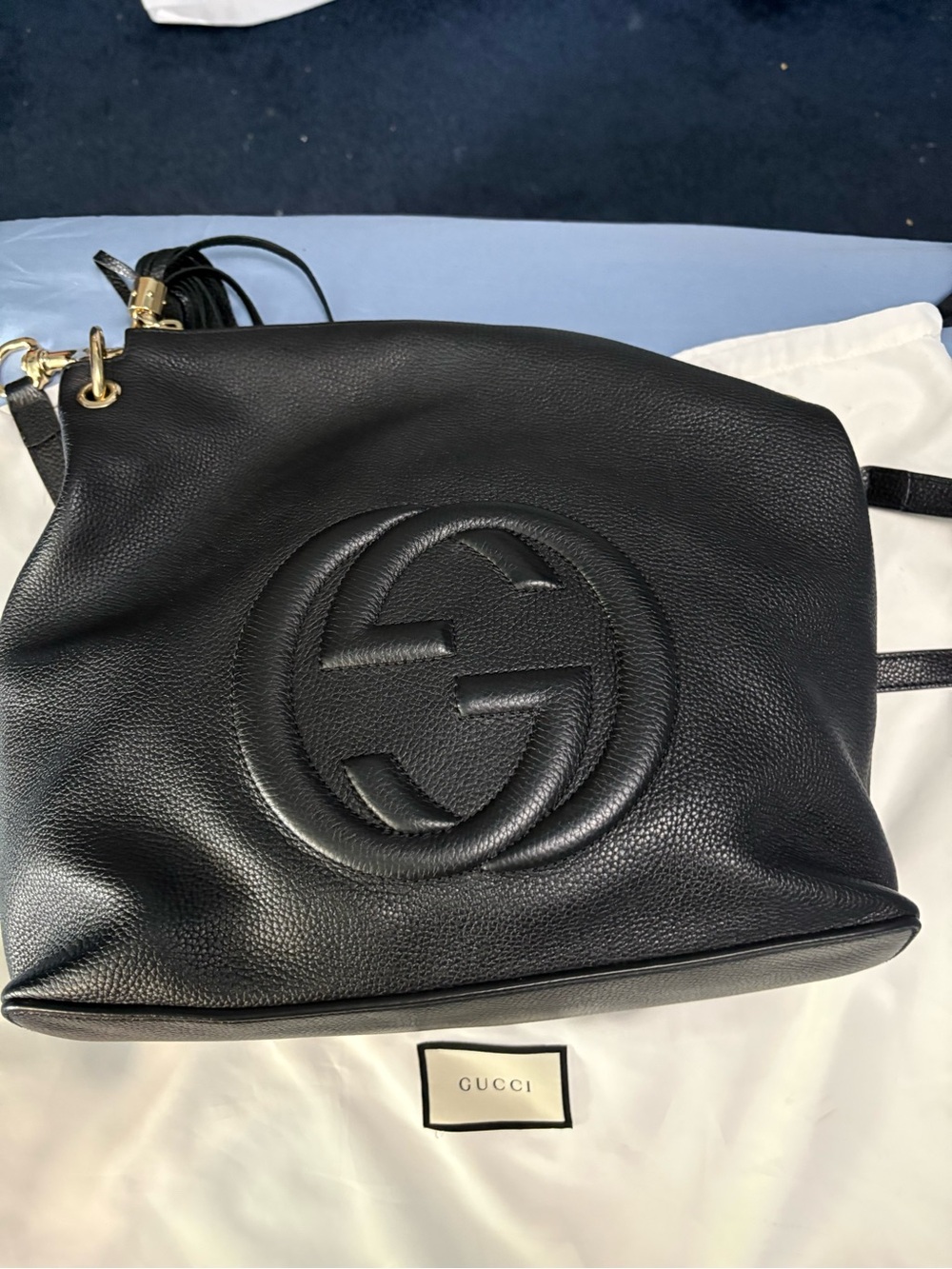 Gucci Black Pebbled Leather Shoulder Bag with Embossed Double G